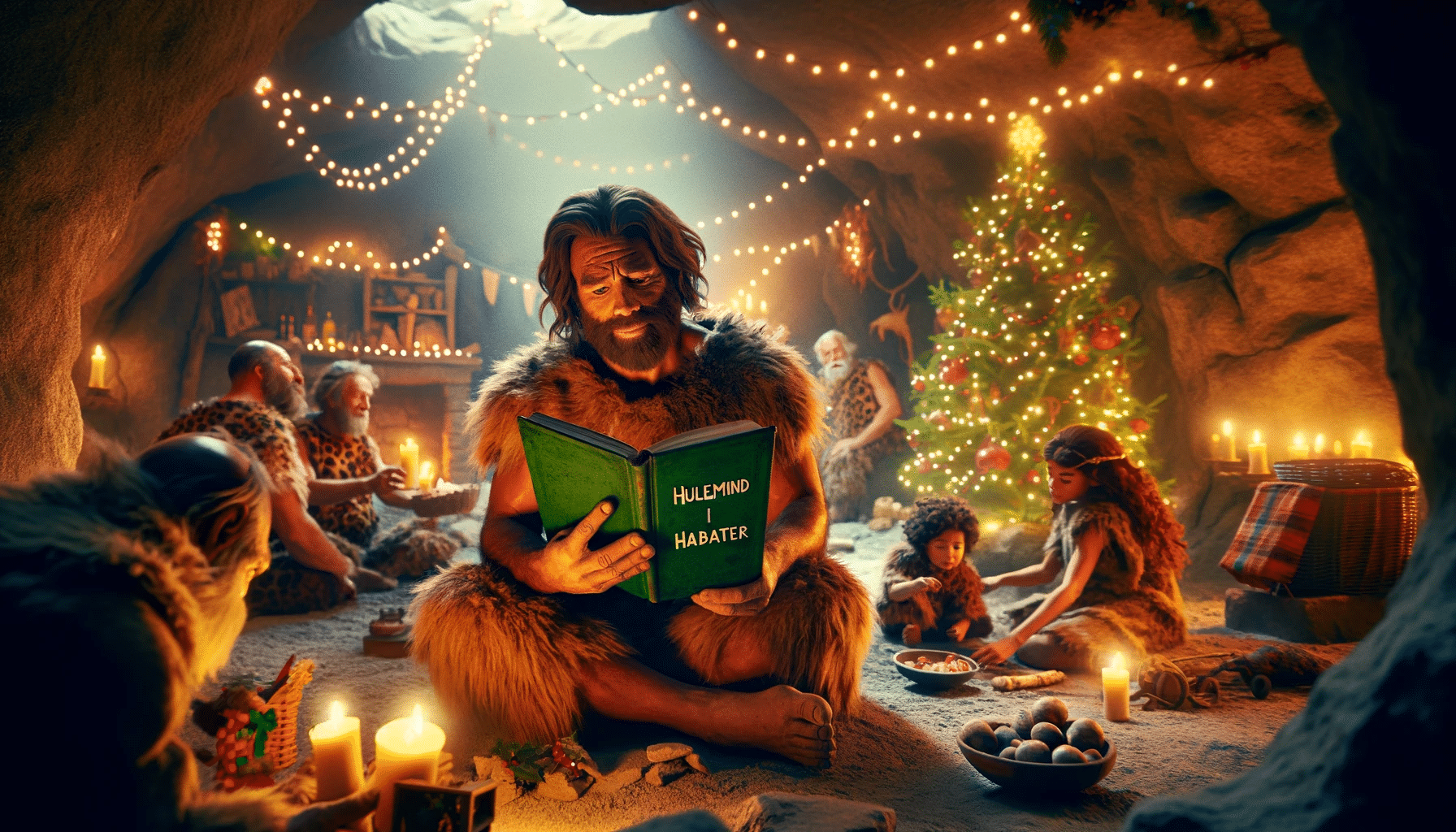 Hulemand læser Hulemænd i habitter mens familien juler i baggrunden